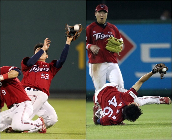 '넘어지고굴러도'KIA중견수김호령(53번)과유격수박찬호(46번)가2일한화원정에서승부처였던경기중반잇따라호수비로아웃카운트를올리고있다.(대전=KIA)