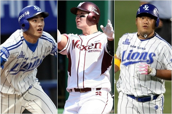 '넥벤져스vs캡틴라이언-아기사자'2015타이어뱅크KBO리그7월의MVP후보로뽑힌삼성신인구자욱(왼쪽부터)-넥센거포박병호-삼성주장박석민.(자료사진=삼성,넥센)