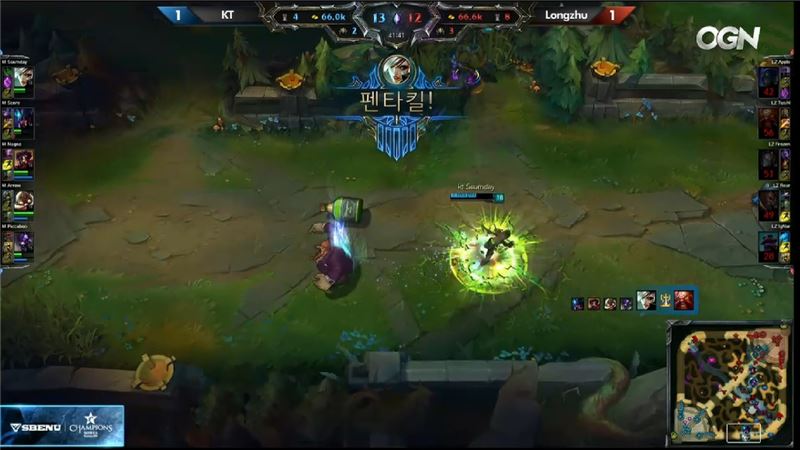 KT 롤스터 '썸데이' 김찬호가 펜타킬을 달성하던 순간.(사진=OGN 생중계 캡처)