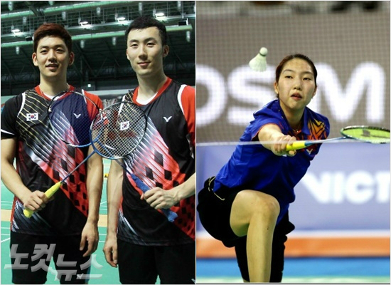 '2015세계개인배드민턴선수권대회'준결승에서아쉽게져동메달을목에건남자복식이용대(왼쪽부터)-유연성과여자단식간판성지현.(자료사진=황진환기자,대한배드민턴협회)