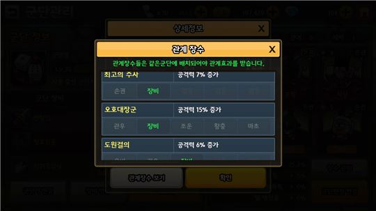 장수의 조합을 통해 추가 능력치를 획득할 수 있다.