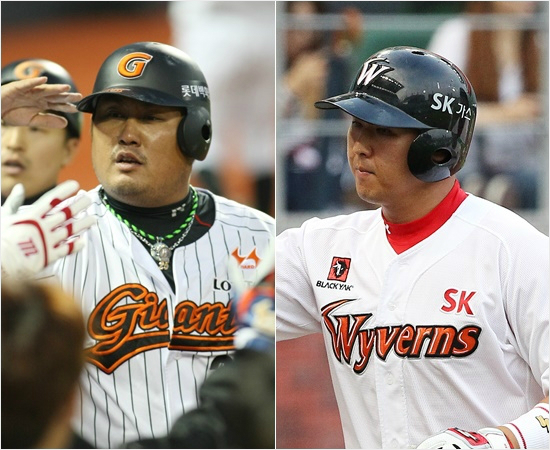 '엇갈린최주포'롯데최준석(왼쪽)은지난주4홈런8타점을몰아치며롯데의상승세를이끈반만SK는주포최정의부상공백속에극심한타격부진으로침체에빠졌다.(자료사진=롯데,SK)