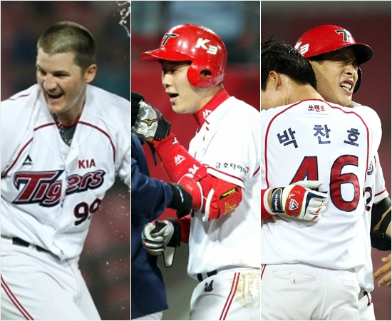 '끝내주는사나이들'올해끝내기홈런과몸에맞는공등승부처에서극적인승리를가져온KIA브렛필(왼쪽부터)-이홍구-백용환.(자료사진=KIA)