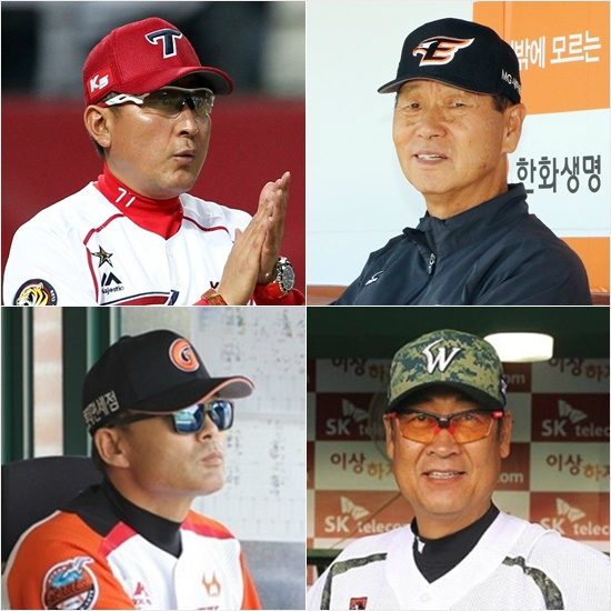'5위전쟁변화는없다'치열한가을야구막차경쟁을펼치는한화김성근(오른쪽위),KIA김기태(왼쪽위),SK김용희(오른쪽아래),롯데이종운감독.(자료사진=각구단)