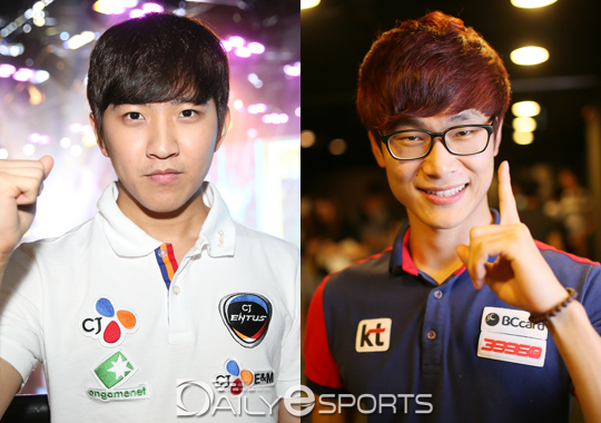CJ 엔투스 김준호(왼쪽)와 KT 롤스터 주성욱.