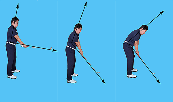 ▲야구스윙의90도척추각,90도를벗어난잘못된척추각,골프에서올바른90도척추각.(왼쪽부터)