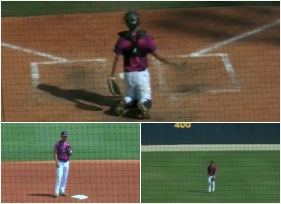 포수(위)와유격수(아래왼쪽),중견수를보는레이장의모습.(MILB.com캡처)