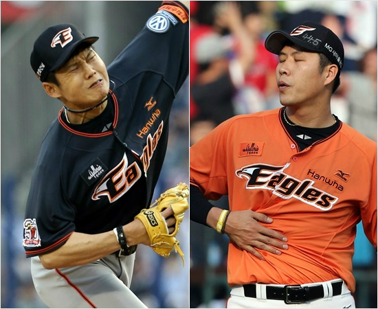 '너무힘주면안돼'전반기에비해현저히페이스가떨어진한화필승계투권혁(오른쪽)과지난8일LG전에서3점차리드를막지못해역전패의빌미를제공한박정진.(자료사진=한화)