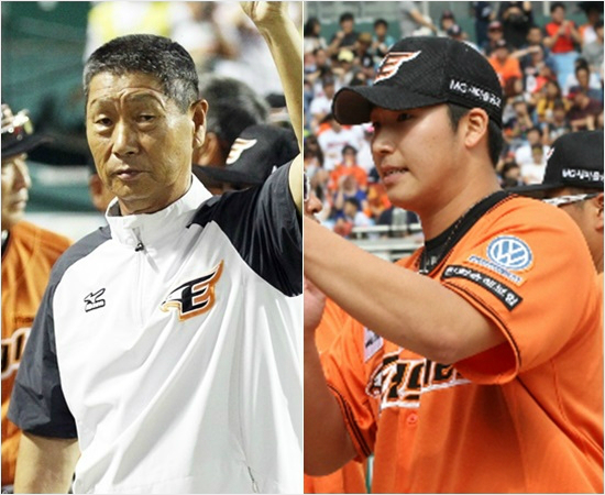 '감독님,제가하겠습니다'최근3연패중인한화는김성근감독(왼쪽)의마운드운용에대한논란이커지는가운데신인김민우의11일SK전역투가절실한상황이다.(자료사진=한화)