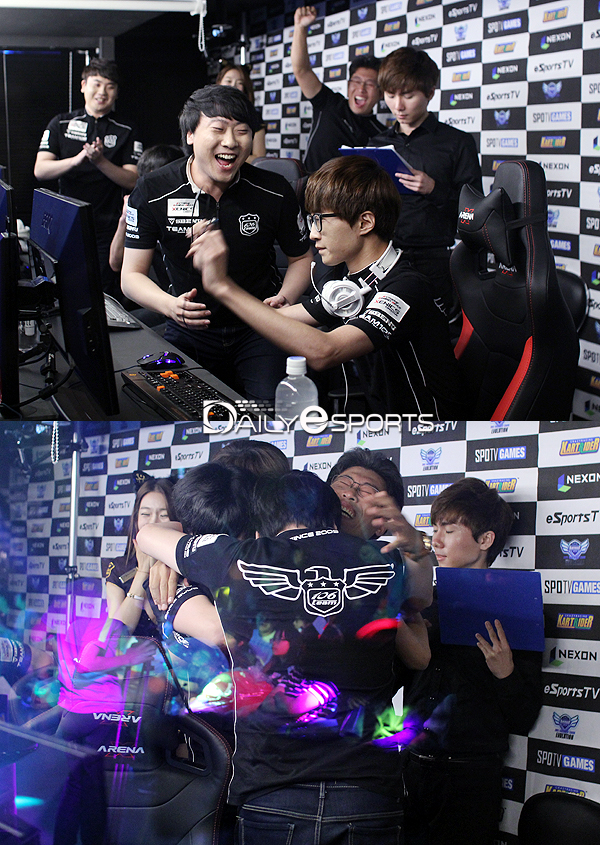 에이스 결정전에서 유영혁이 승리하자 팀 106 선수들과 팀장-매니저가 환호하고 있다.