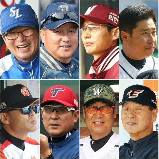 '이렇게나뉜건가?'치열한순위싸움을벌이고있는상위권삼성류중일(위왼쪽부터),NC김경문,넥센염경엽,두산김태형감독과하위권롯데이종운(아래왼쪽부터),KIA김기태,SK김용희,한화김성근감독.(자료사진)