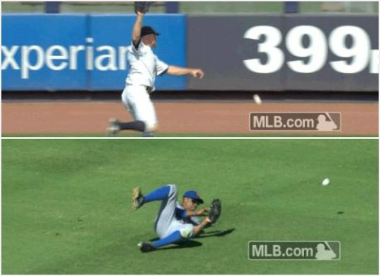 태양에타구가사라지면서실수아닌실수를범한뉴욕양키스외야수브렛가드너(위)와뉴욕메츠외야수커티스그랜더슨.(MLB.com캡처)