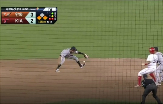 '왜하필이때...'한화유격수권용관이16일KIA원정에서7회말2사1,3루수비때신종길의땅볼타구를놓치는모습.(사진=SPOTV중계화면캡처)