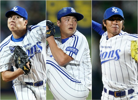 '우리정말알차-지-용?'22일NC와홈경기에서영봉승을합작한삼성선발차우찬(왼쪽부터)-필승계투안지만-마무리임창용의역투모습.(대구=삼성)