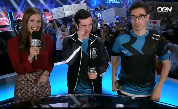 오리겐의 승리를 이끈 두 주역 '소아즈' 폴 보이어(가운데)와 '미티' 알폰소 로드리게즈(사진=OGN 생방송 캡처).