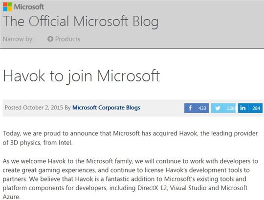 마이크로소프트 공식 블로그에 실린 하복 인수 공지