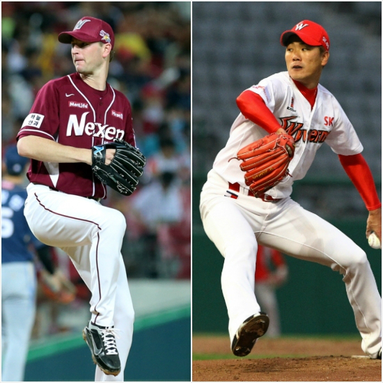 사상첫와일드카드결정전에서맞붙는넥센과SK의좌완에이스앤디밴헤켄(왼쪽)과김광현.(사진=넥센히어로즈/SK와이번스제공)