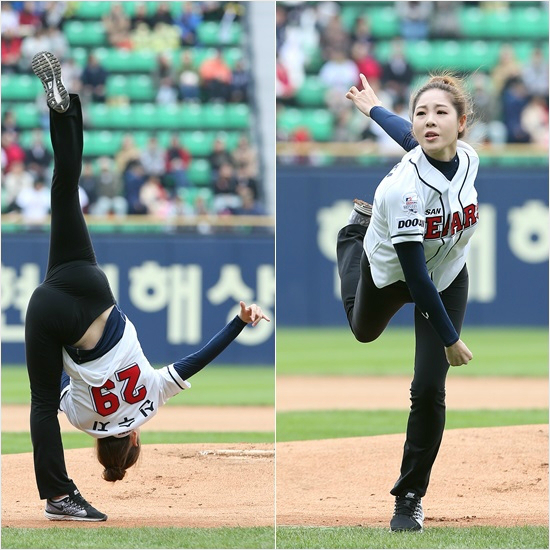 '이것이바로일루전'원조리듬체조요정신수지가11일프로야구준플레이오프2차전에앞서시구를펼치고있다.(잠실=두산베어스)