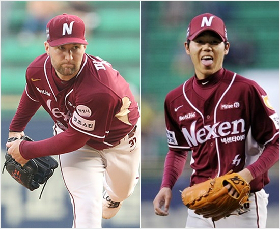 '잘안되네'11일두산과준플레이오프2차전에서실점의빌미가된볼넷으로고전한넥센피어밴드(왼쪽)-불펜하영민.(자료사진=넥센)