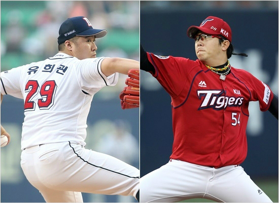 제2회최동원상수상자인유희관(왼쪽)과선정기준6개를모두만족시키기도수상을놓친1회수상자양현종.(사진=두산베어스/KIA타이거즈)