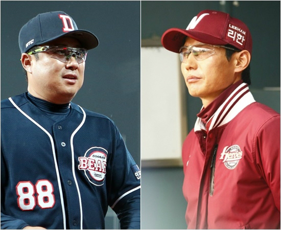 '염감독,얼굴펴고합시다'지난2013년에이어올해도준플레이오프에서접전을펼치고있는두산과넥센.두팀은1,3차전에서똑같이애매한사구판정으로희비가갈렸다.사진은두산김태형(왼쪽),넥센염경엽감독.(자료사진=두산,넥센)