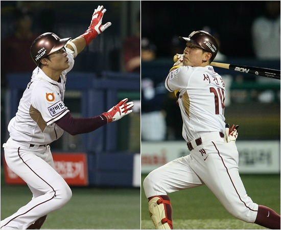 넥센김하성(왼쪽)과서건창이13일두산과준플레이오프3차전에서상대선발유희관으로부터솔로홈런을날린뒤타구를응시하는모습.(목동=넥센)