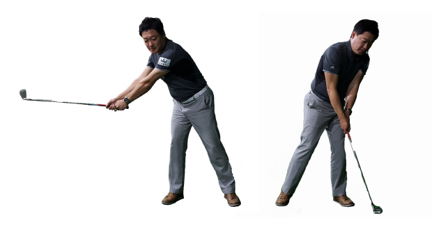 ▲상체가우측으로과도하게움직이면정확한임팩트를할수없다.