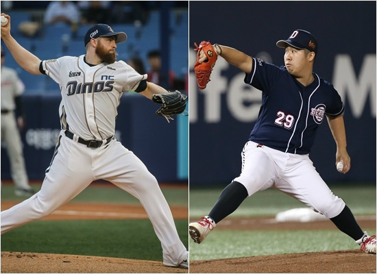 두산킬러인NC에릭해커(왼쪽)와NC킬러인두산유희관.(사진=NC다이노스/두산베어스제공)