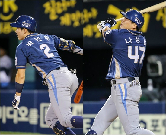 '감독님답답함,저희가풀어드릴게요'21일두산과플레이오프3차전에서멀티히트로승리를이끈NC톱타자박민우(왼쪽)와3번나성범.(자료사진=NC)