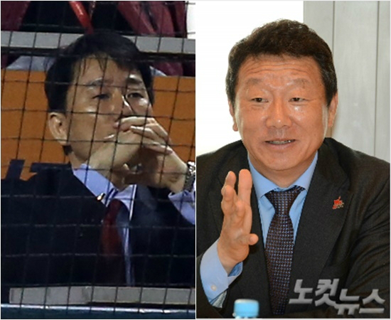 최근일본계금융회사J트러스트와메인스폰서계약이진행중인사실이밝혀진히어로즈야구단이장석대표(왼쪽)와프로배구OK저축은행구단주인최윤그룹회장.(자료사진)