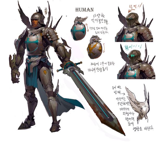'검사' 직업의 초중기 스케치 단계. 뚜렷한 개성과 무기 등 기능적인 부분에 대한 구체적인 설계가 들어간다.