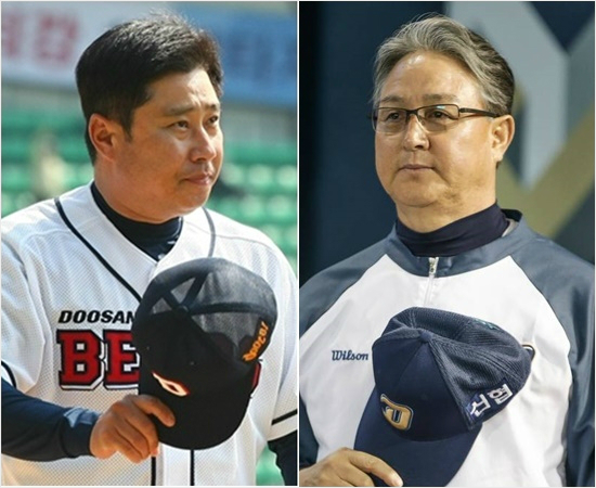 '둘다곰의피는흐른다'플레이오프에서2승2패로팽팽히맞선가운데24일최종5차전을치르는NC김경문(오른쪽)-두산김태형감독.(자료사진=NC,두산)
