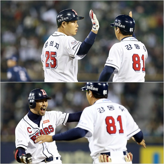 '이번엔우리가성공!'22일플레이오프4차전에서0-0으로맞선두산의6회말공격무사1,2루에서강공작전에따른안타로무사만루기회를만든양의지(위)와이어진1사만루에서선제결승2타점2루타를때려낸오재원의모습.(자료사진=두산)