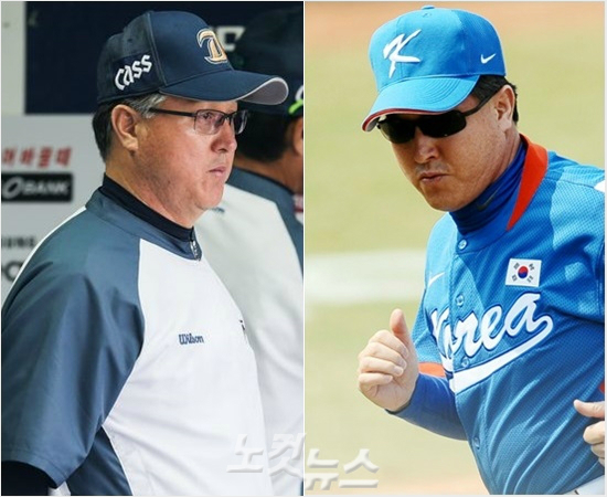 '두얼굴의김경문?'김경문NC감독이24일두산과플레이오프5차전에서경기를지켜보는모습(왼쪽)과2008년베이징올림픽당시모습.(자료사진=NC,노컷뉴스)