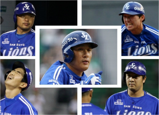 '역시라이언킹'삼성은이승엽(가운데)외에박한이(왼쪽위부터시계방향),박해민,채태인,구자욱등좌타자들이잠실에서다소약한모습을보였다.(자료사진=삼성)