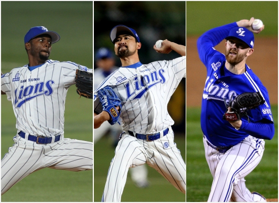 한국시리즈에서주춤한삼성선발알프레도피가로(왼쪽부터),장원삼,타일러클로이드.(사진=삼성라이온즈제공)