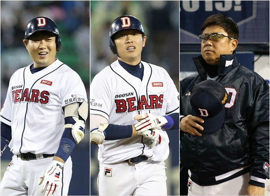 '감독님,몸살갖고무슨...'올시즌가을야구에서부상투혼을펼치고있는두산포수양의지(왼쪽부터),외야수정수빈과몸살투혼을보이고있는김태형감독.(잠실=두산베어스)