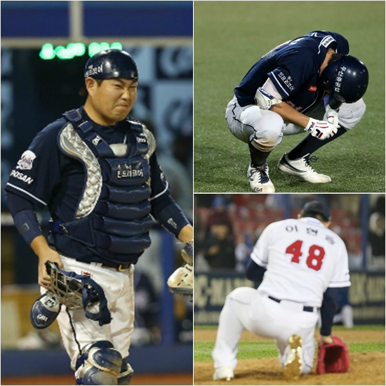 '이젠더이상아프지마요'경기중타구와투구에맞아고통스러워하고있는두산포수양의지(왼쪽부터시계방향),외야수정수빈,투수이현승의모습.(자료사진=두산)