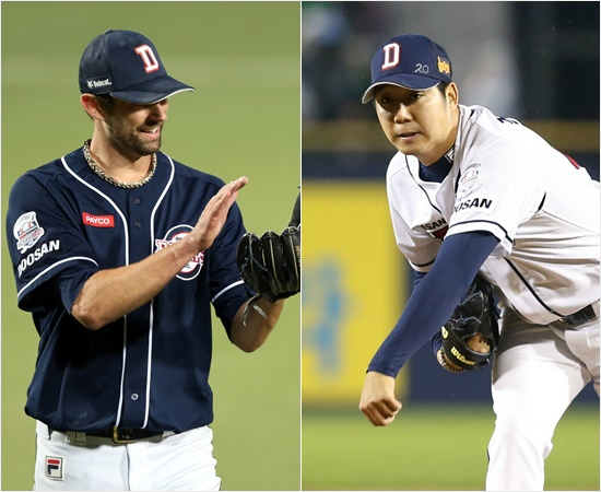 '잘했어,원준'삼성과한국시리즈2,3차전에서나란히선발등판해승리를따낸두산니퍼트(왼쪽)와장원준.(자료사진=두산베어스)