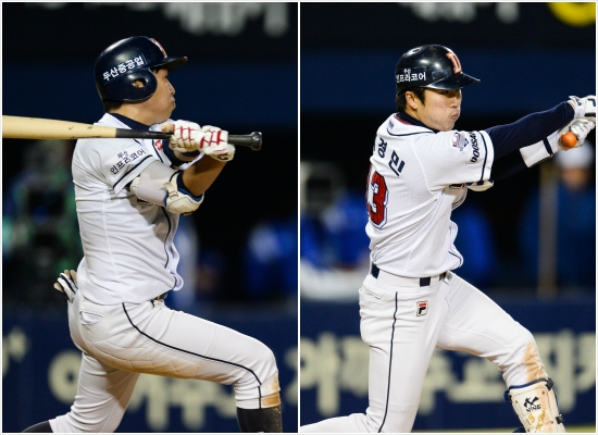 두산의동갑내기테이블세터정수빈(왼쪽)과허경민.(사진=두산베어스제공)
