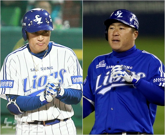 '형우야,언젠가는터진다'2013년두산과한국시리즈에서지독한부진끝에7차전에서그나마값진동점타를때린뒤박수를치고있는삼성이승엽(왼쪽)과올해두산과한국시리즈에서끝모를침묵을이어가고있는최형우.(자료사진=황진환기자,삼성라이온즈)