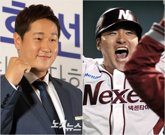 '병호야,우리같이흥하자'이대호(왼쪽)가3일기자회견에서메이저리그진출을선언하며포즈를취하고있다.오른쪽은포스팅절차를거쳐메이저리그에도전하는넥센거포박병호.(사진=황진환기자,넥센히어로즈)