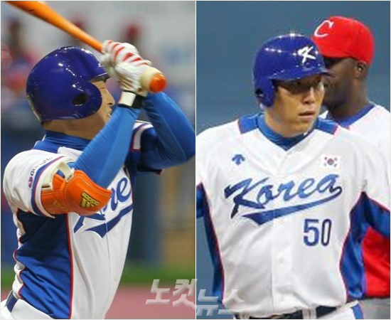 '우리들이1호다'손아섭(왼쪽)이4일고척돔첫공식경기인쿠바와경기에서1회적시타로1호타점을올리며한국선수의1호안타를날린김현수를홈으로불러들이고있다.(사진=박종민기자)