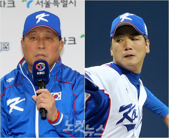 '광현아,더연마해야겠다'김인식한국야구대표팀감독(왼쪽)은4일쿠바와'2015서울슈퍼시리즈'에선발등판한김광현의체인지업에대해다소만족스럽지못한평가를내렸다.(사진=박종민기자)