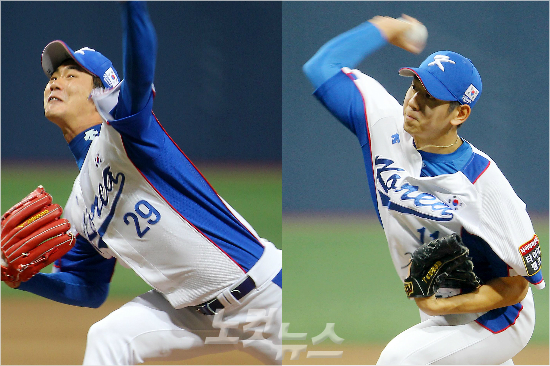 4일서울고척스카이돔에서열린2015서울슈퍼시리즈대한민국과쿠바의경기에서역투를펼치고있는한국선발김광현(왼쪽)과승리투수이대은.(사진=박종민기자)