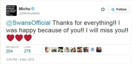 잉글랜드프리미어리그스완지시티의공격수미추는거듭된부상에결국내년6월로만료되는계약을조기해지했다.비록팀을떠나게됐지만미추는자신의SNS를통해스완지를향한애정을감추지않았다(자료사진=미추공식트위터)