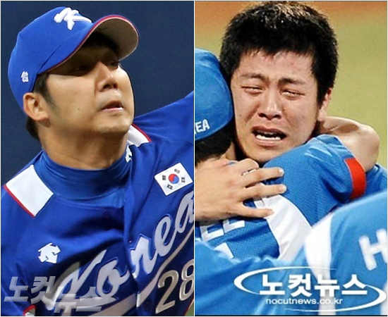 '민호야,이번에는나랑안고울자'16일쿠바와프리미어128강전에서선발등판하는좌완장원준(왼쪽)은2008년베이징올림픽쿠바와결승전을승리로이끌며금메달감격을누렸던포수강민호와배터리를이룰전망이다.(자료사진=윤성호기자)