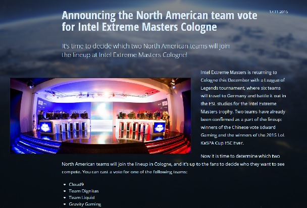 ESL은 IEM 쾰른 대회에 출전할 북미 지역 LoL팀을 뽑는 투표를 진행한다(사진=IEM 공식 홈페이지 캡처).