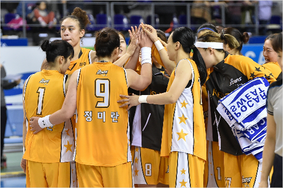'이제시작이다'국민은행선수들이18일삼성생명과원정에서접전끝에승리한뒤손을모으고있다.(용인=WKBL)