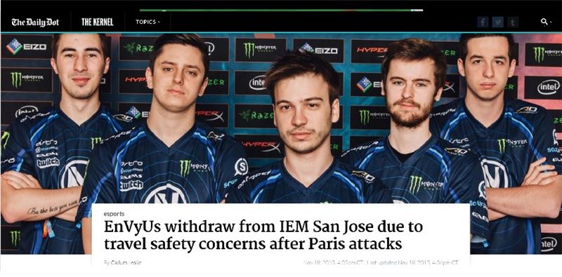 카운터 스트라이크 팀인 엔비어스가 안전 문제로 IEM 새너제 대회에 출전하지 않기로 결정했다(사진=데일리돗 발췌).